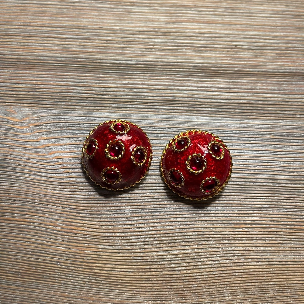 Vintage Yosca Gold with Pour Glass & Deep-Wine Enamel Clip on Earrings